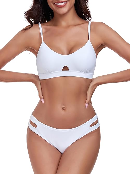 RELLECIGA Low Waisted Bikini Set for Women Scoop Neck Cutout Two Piece Swimsuit (White,Large)