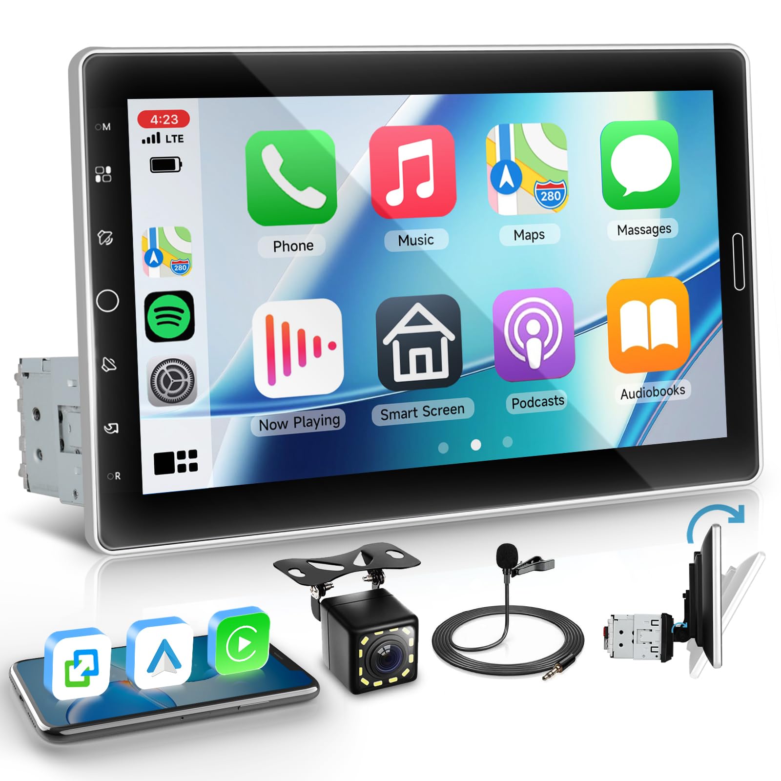 Photo 1 of Single Din 10.1 Inch Car Radio with Wireless Carplay Android Auto, Hodozzy Touch Screen Rotation Single Din Car Stereo with Bluetooth, FM/AM/RDS Radio, Mirror Link, SWC, EQ, Dual USB, AUX + Camera