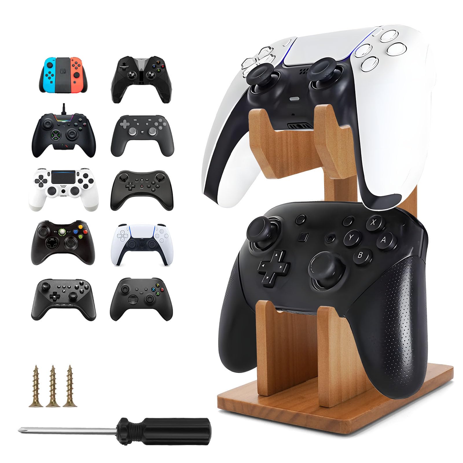 YIBEICO 2-Tier Universal Controller Holder for Xbox Series X, Xbox, Ps5, Ps4,360,Switch,Nintendo,Steam Controller,Gaming Headset,Walnut Controller Display Stand (Walnut 2-tier)