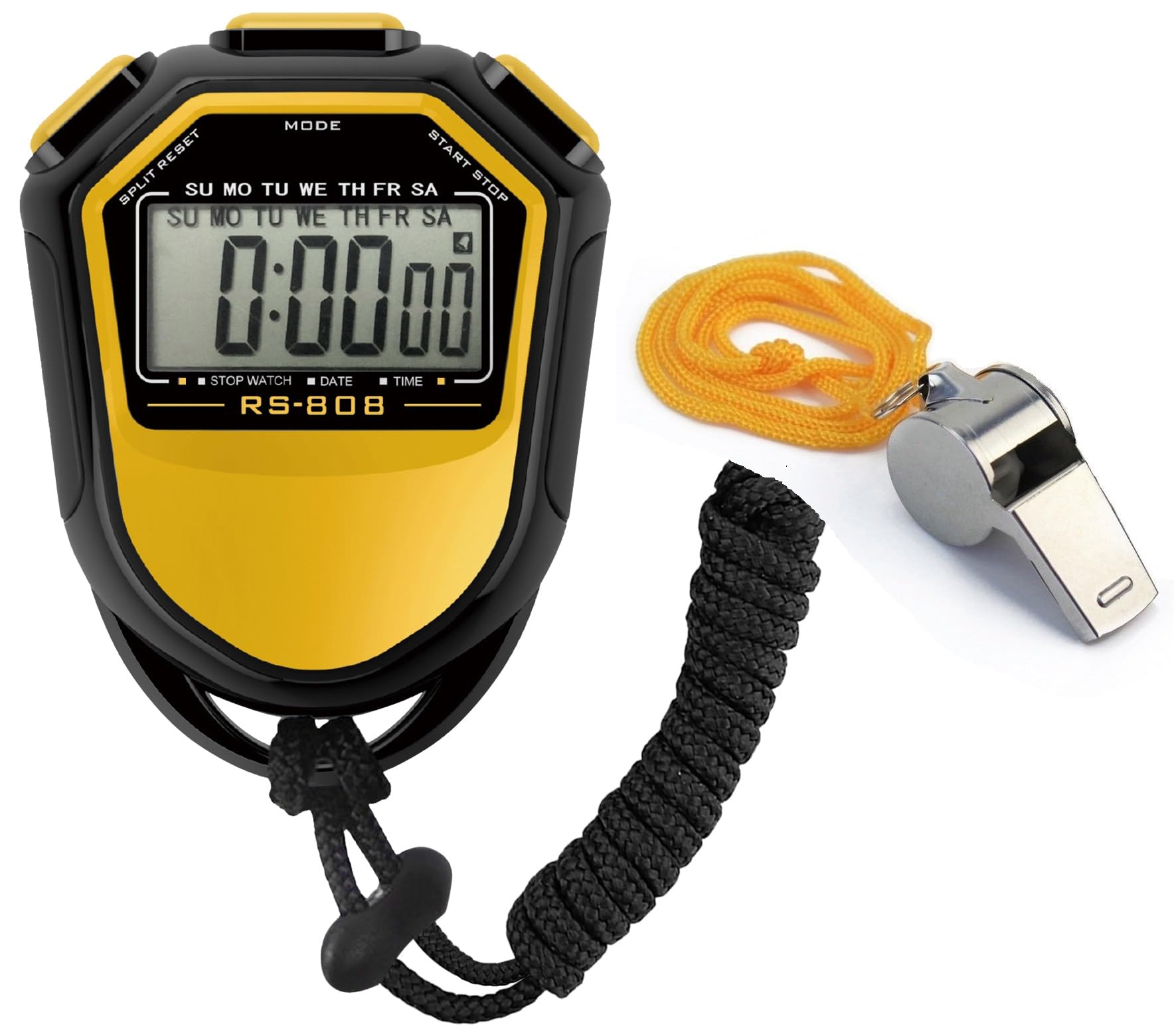 Stopwatch Digital Handheld LCD Timer Chronograph Sports Counter for Multi Sports Stop watch ABS Interval Training Outdoor Running, Swiming with Lanyard KK's (Yellow + Whistle)