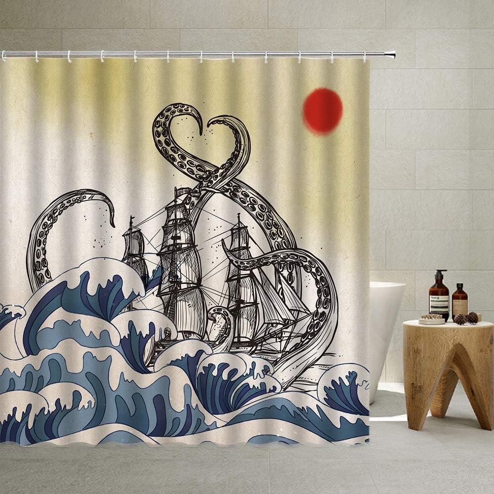 Octopus Shower Curtain Nautical Pirate Ship with Hooks, Octopus Tentacles Sailboat Wave Vintage Japanese Ocean Waves Red Sun Clouds Cloth Fabric Bathroom Decor Set with Hooks, Gray,70 X 70 Inch