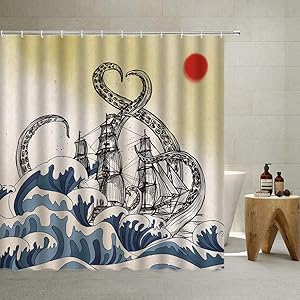 Octopus Shower Curtain Nautical Pirate Ship with Hooks, Octopus Tentacles Sailboat Wave Vintage Japanese Ocean Waves Red Sun Clouds Cloth Fabric Bathroom Decor Set with Hooks, Gray,70 X 70 Inch