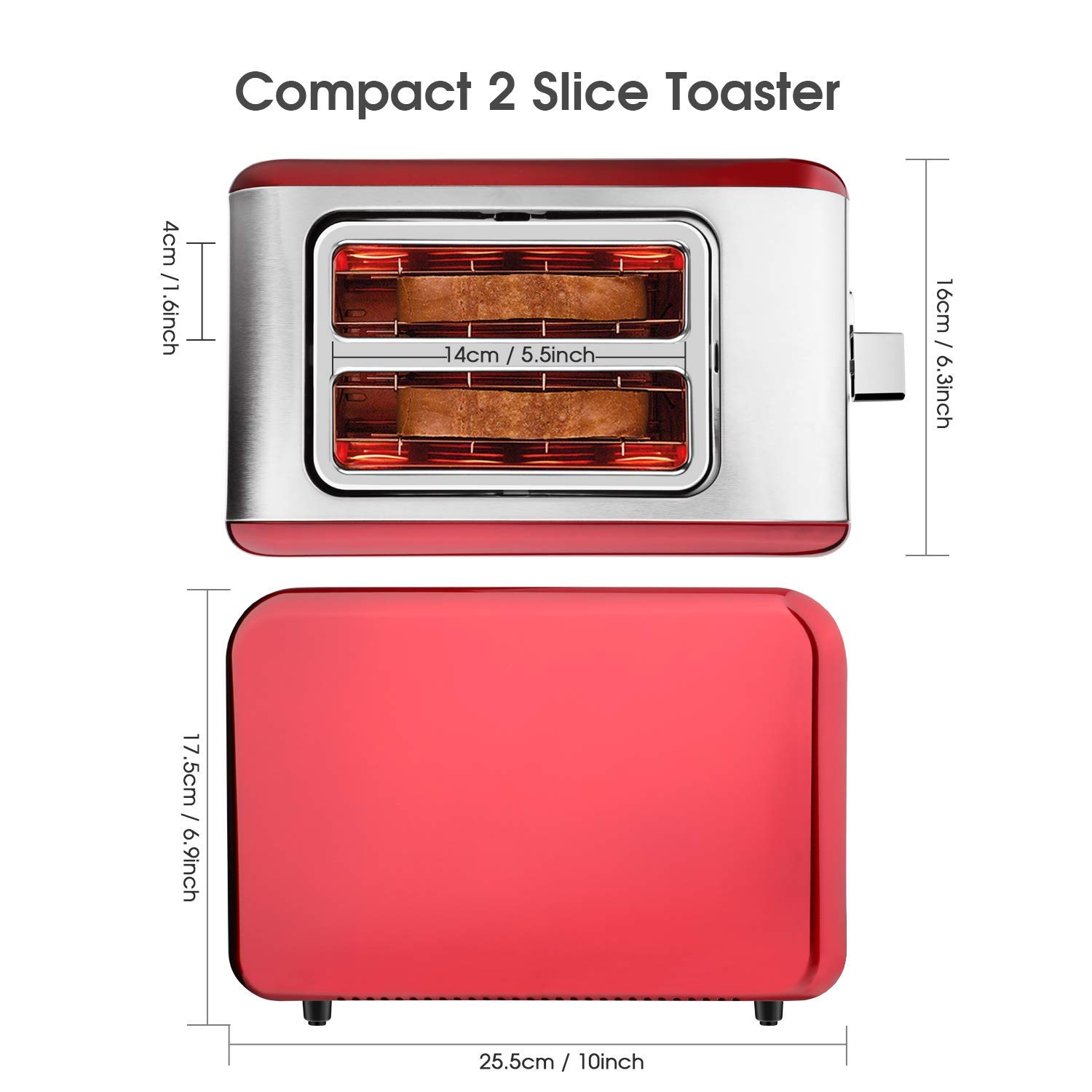 2 Slice Toaster, MKG Stainless Steel Bagel Toaster with Extra Wide Slots, 6 Shade Settings, Bagel/Defrost/Cancel Function, Removable Crumb Tray, High Lift Lever, Red