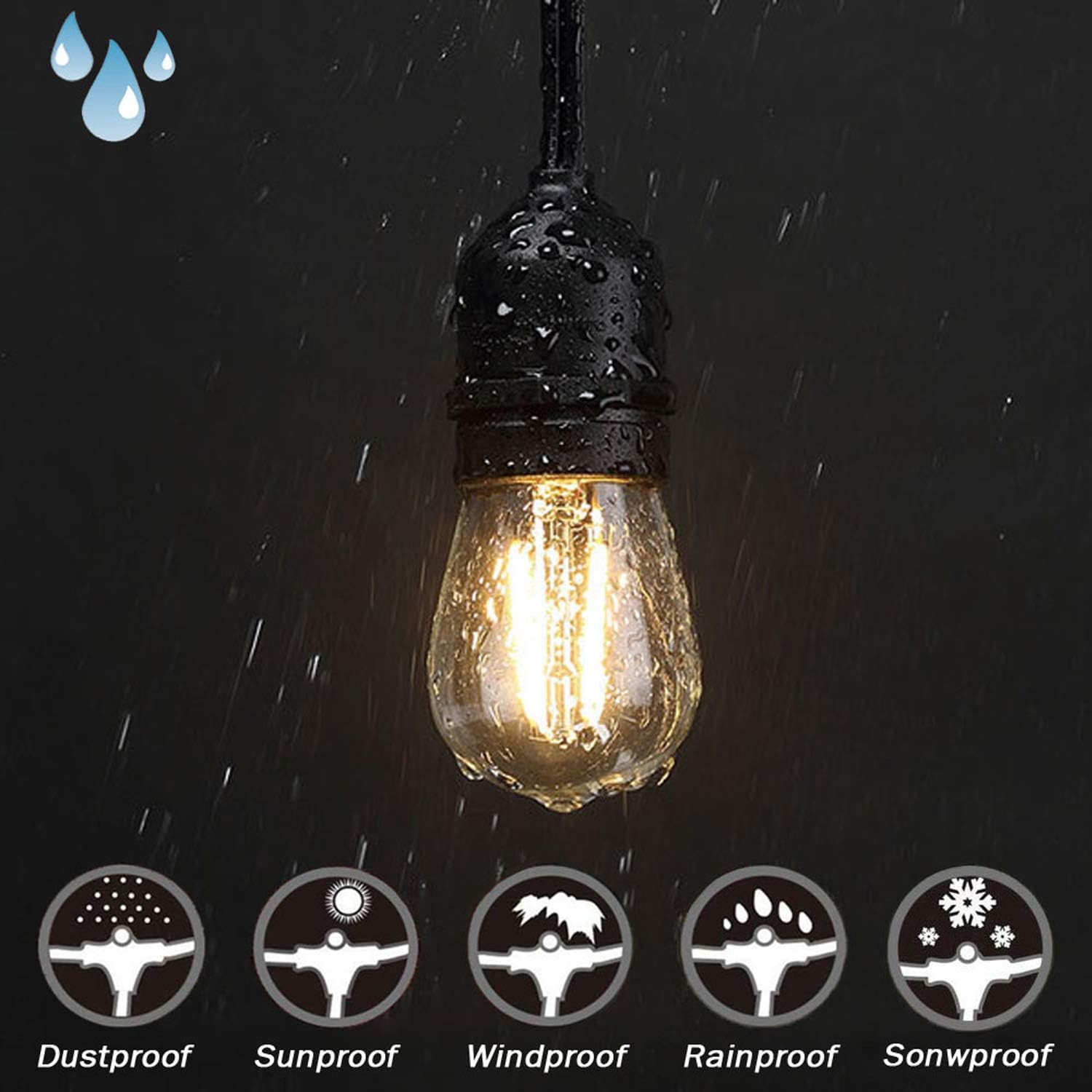LED Outdoor String Lights for Patio - 48FT Commercial Waterproof Strand Patio String Lights, Hanging 2W Dimmable Edison Vintage Plastic Bulbs - Heavy-Duty Patio Lights Porch Market Light for Backyard - - 