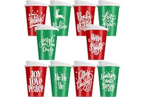 Sliner 10 Pcs Christmas Reusable Coffee Cups with Lids Bulk 12 oz Christmas Plastic Cup Gifts Xmas Drinks Tumblers with Snowflake for Coworkers Family Winter Party Favors (Red,Green)