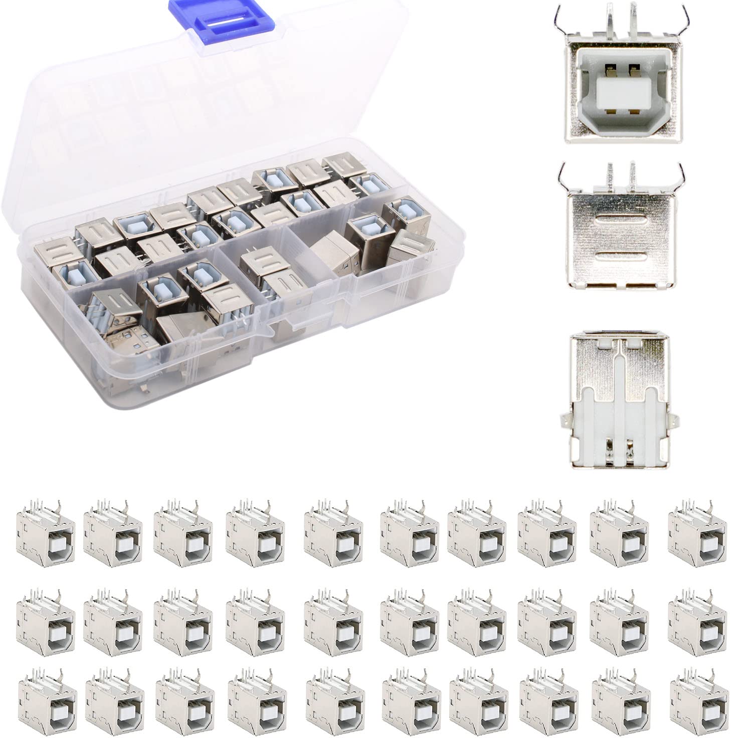 RUNCCI-YUN 30 Pack USB Female Type-B Port 4-Pin Right Angle 90 Degree PCB DIP Jack Socket
