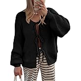 LILLUSORY Tie Front Cardigan Sweaters for Women Trendy 2026 Fall Fashion Outfits Puff Sleeve Bow Tops Cute Knit Sweater