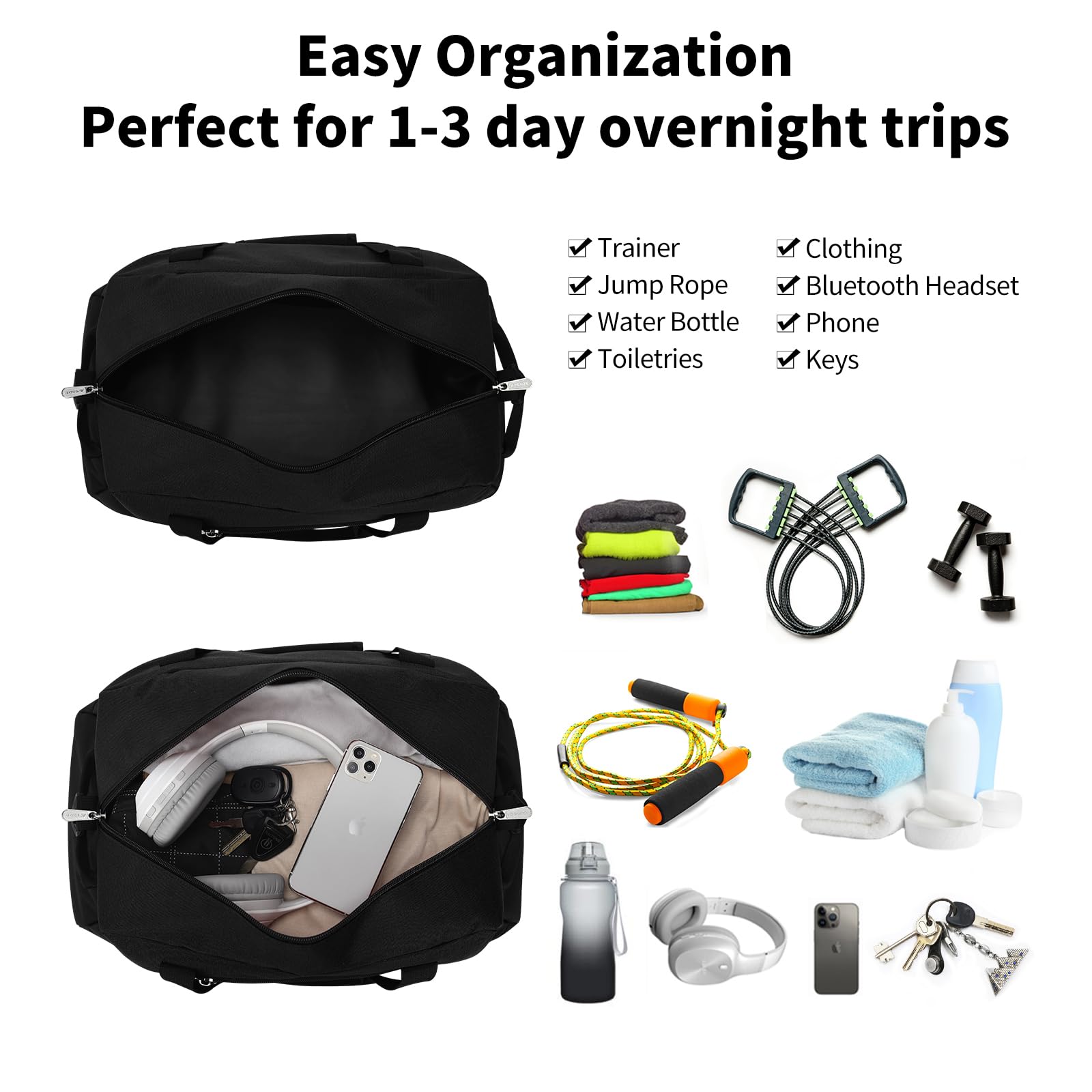 Apenze Small Gym Bag 18 inch Carry On Duffel Bag for Weekender Travel - Black