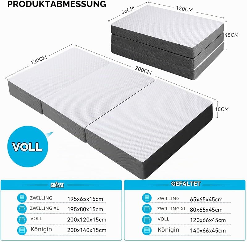 Klappmatratze 120x200x15cm 3-teilige Faltmatratze Camping Matratze — Foto 5 von 7