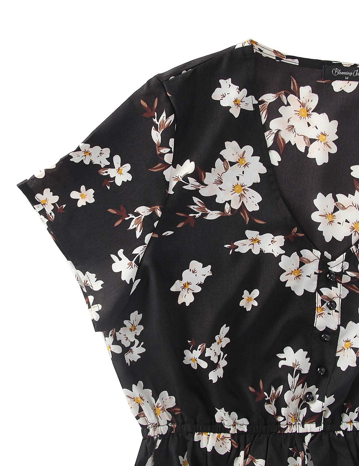 Blooming Jelly Ladies Boho Chiffon Dress V Neck Bottun Down Summer Beach Mini Dresses for Women Black,S