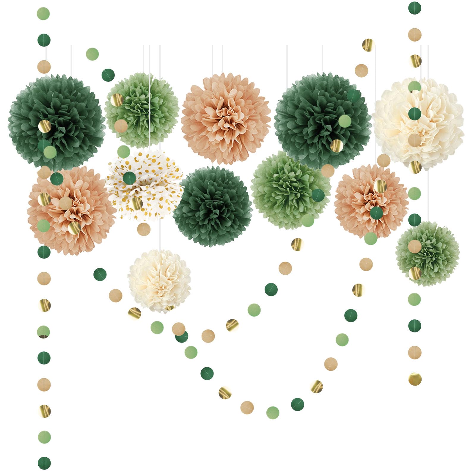 AOBKIAT Wedding Party Decorations Kit,15PCS Green Tissue Paper Pom Poms,Dots Paper Garland String Hanging Backdrop for Engagement,Rustic Wedding,Neutral Baby Shower