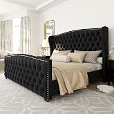 AMERLIFE Queen Size Bed Frame with Velvet Upholstered Wingback Headboard | Handmade Deep Button Tufted &amp; Nailhead Trim Footboard for Bedroom, No Box Spring Needed, Black