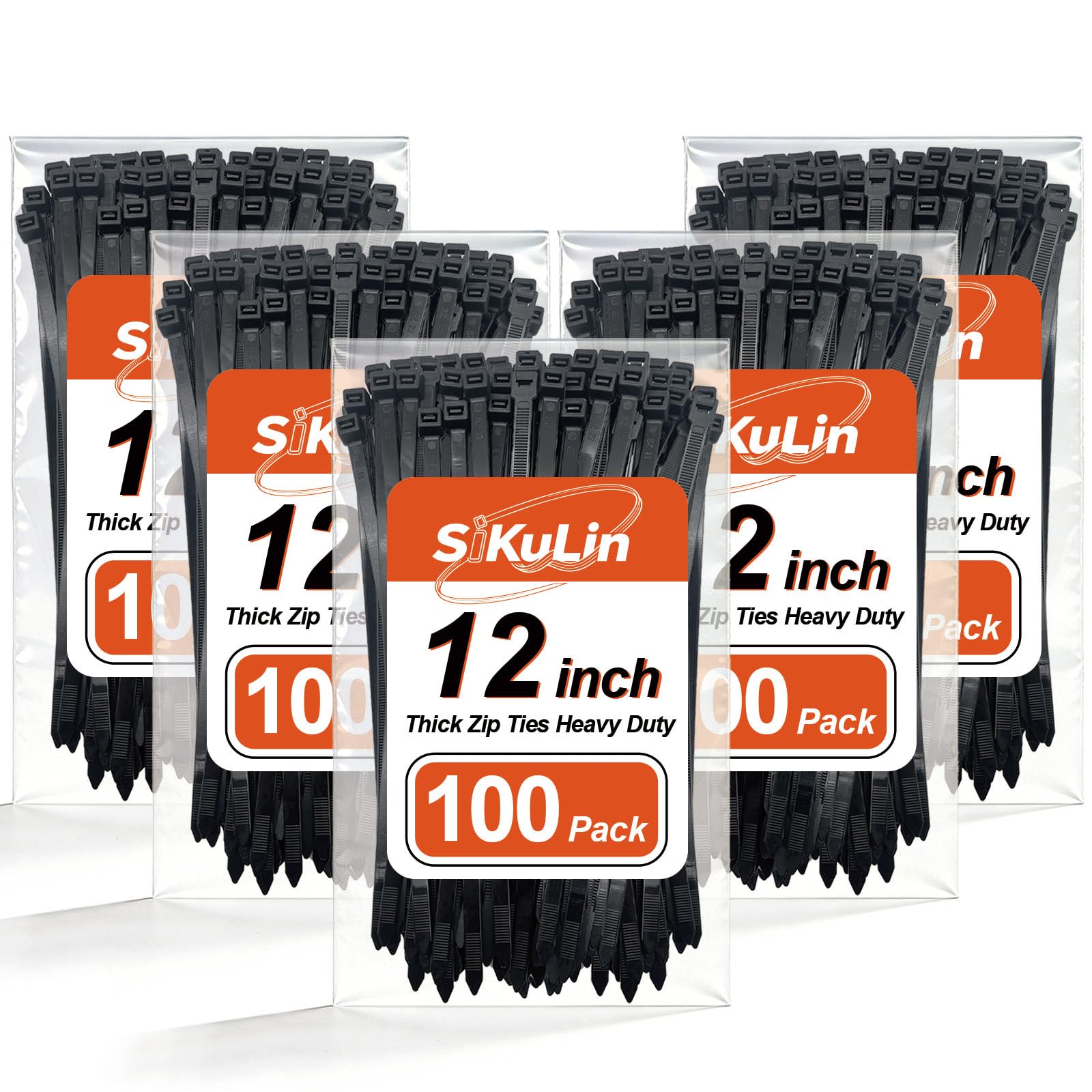 Thick Zip Ties Heavy Duty, 12 inch, Black, 250 lbs High Strength, 500 Pack, Heavy Duty Zip Ties for Outdoor Use, Extra Wide & Strong UV Resistant Cable Ties, Wire Ties, SiKuLin Image