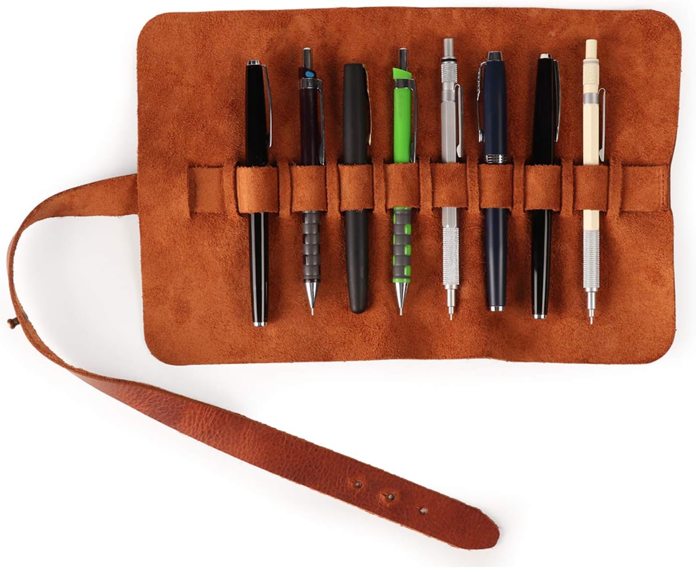 LONDO Genuine Leather Pen & Pencil Roll Case - 10 Slots - Classic Design - Cowhide Leder, Brown