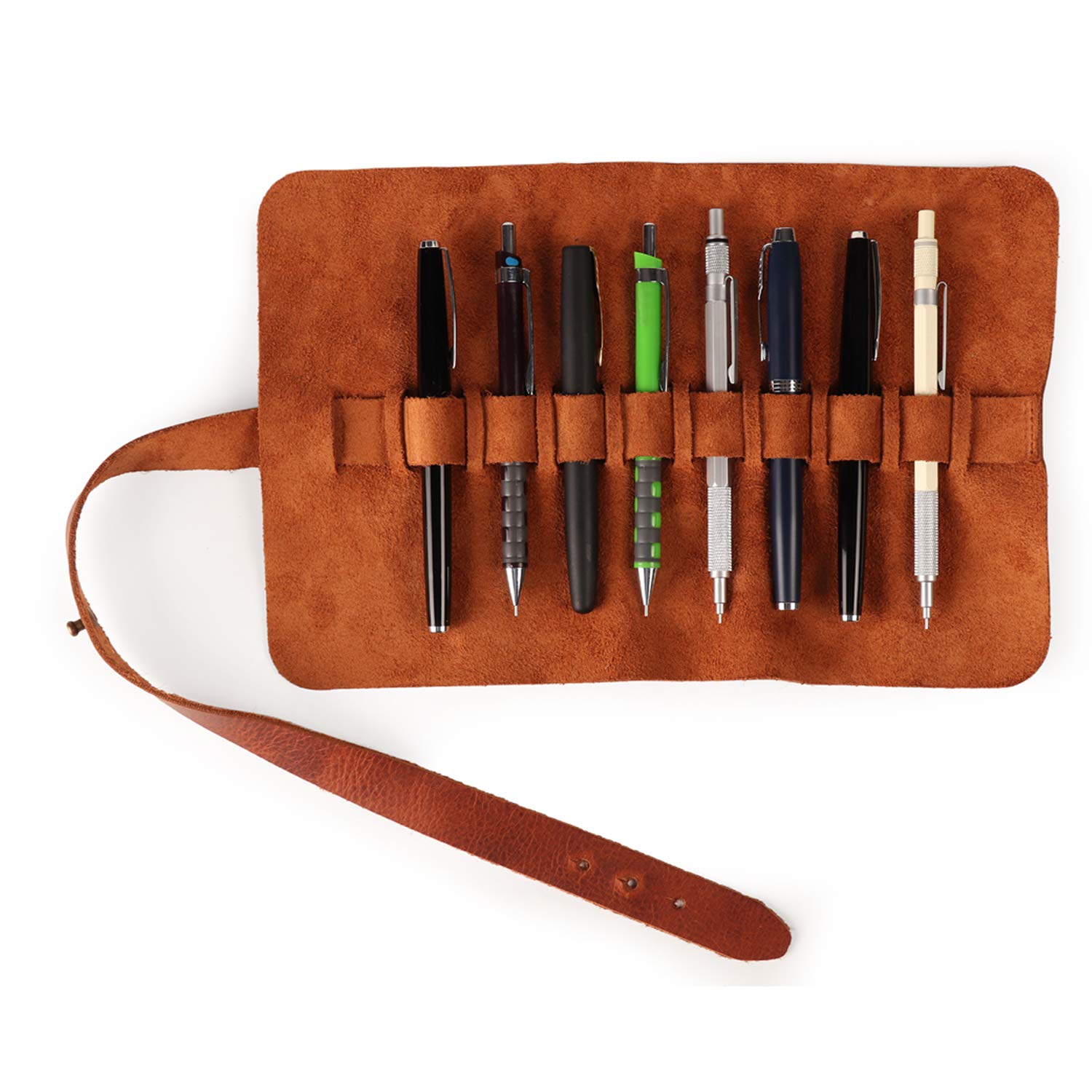 LONDO Genuine Leather Pen & Pencil Roll Case - 10 Slots - Classic Design - Cowhide Leder