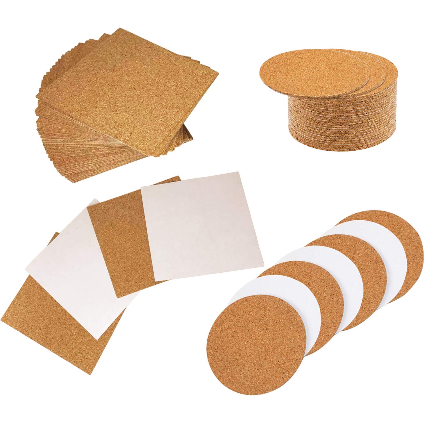Self-Adhesive Cork Round and Square, Allazone 80 Pack Cork Backing Sheets for Wall Decoration, Party Supplies Coasters and DIY Crafts