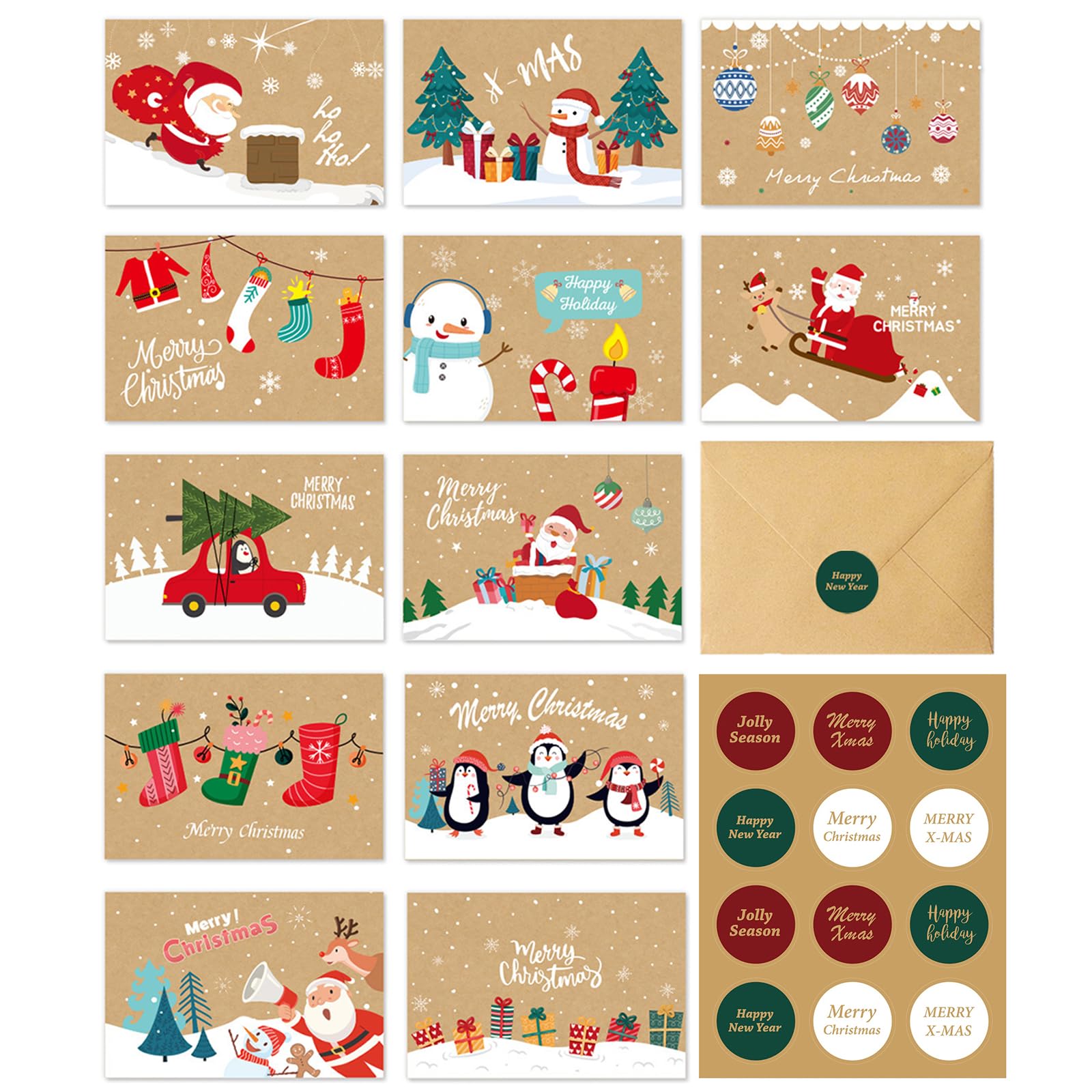 Christmas Cards Pack of 12 - Merry Christmas Cards with Envelopes, 12 Assorted Designs Greeting & New Year Cards, Perfect for Sending Warm Holiday Wishes to Friends and Family