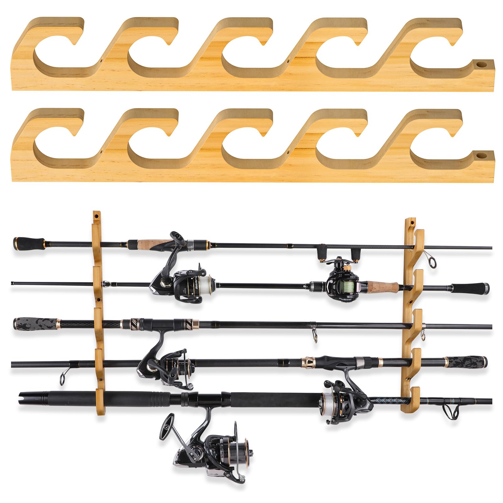 Photo 1 of PLUSINNO WH5 Horizontal Fishing Rod/Pole Holders for Garage, Wall or Ceiling Mounted Rack, Solid Wood Fishing Rod Holder Holds up to 5/10/20 Rods or Combos Fishing Gear, Gifts for Men