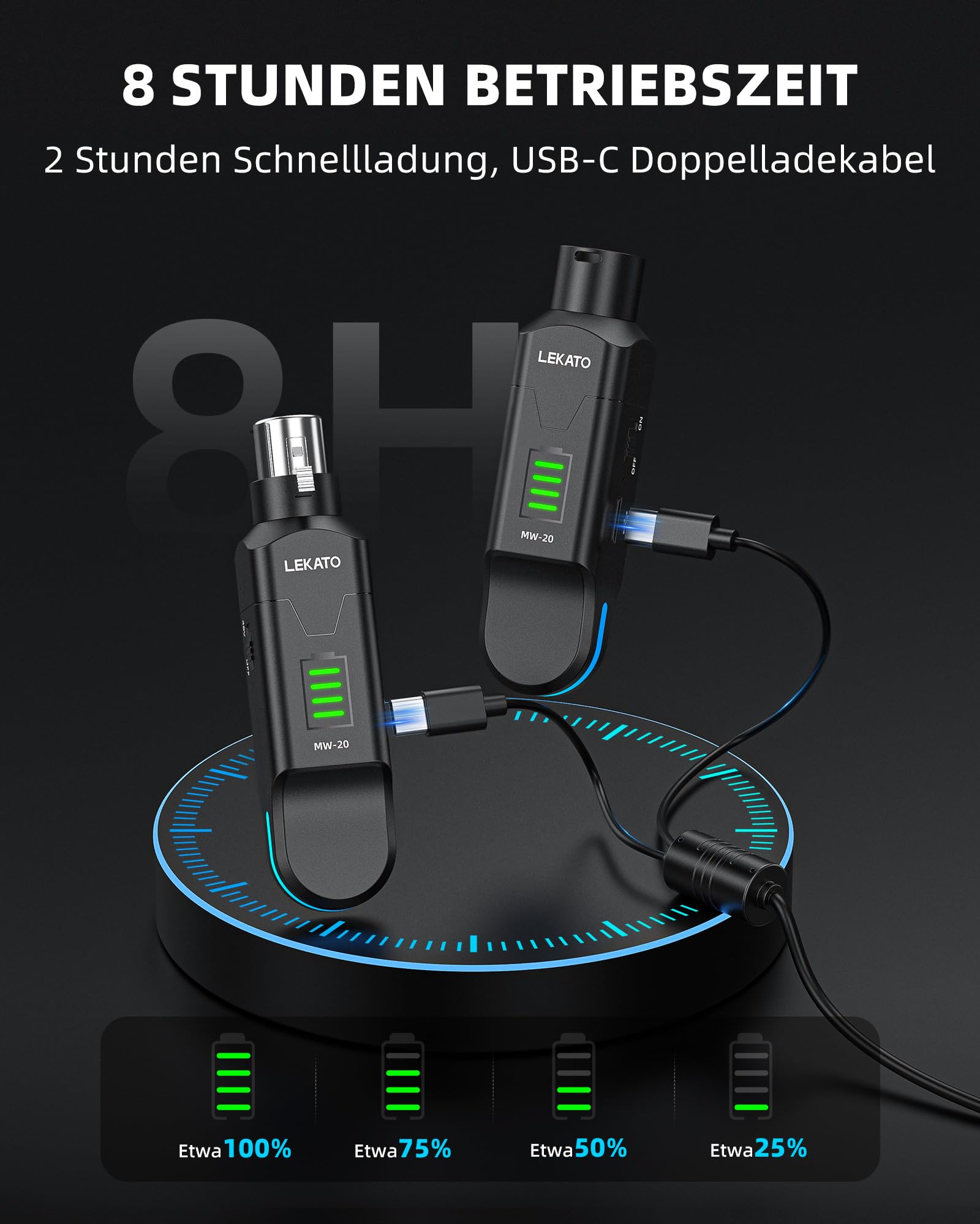 LEKATO 2,4 GHz Funkmikrofonsystem, XLR Sender Empfänger, 48V Phantomspeisung, für Kondensator & Dynamische Mikrofone, Plug & Play, 8 Std. Laufzeit, geeignet für PA, Mischpult, Live Auftritte (MW-20) 3