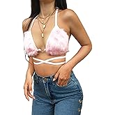 Women Furry Bra Top Deep V Sexy Strappy Halter Crop Top Bikini Backless Crop Tank Top Rave Party Dance Hot Clubwear