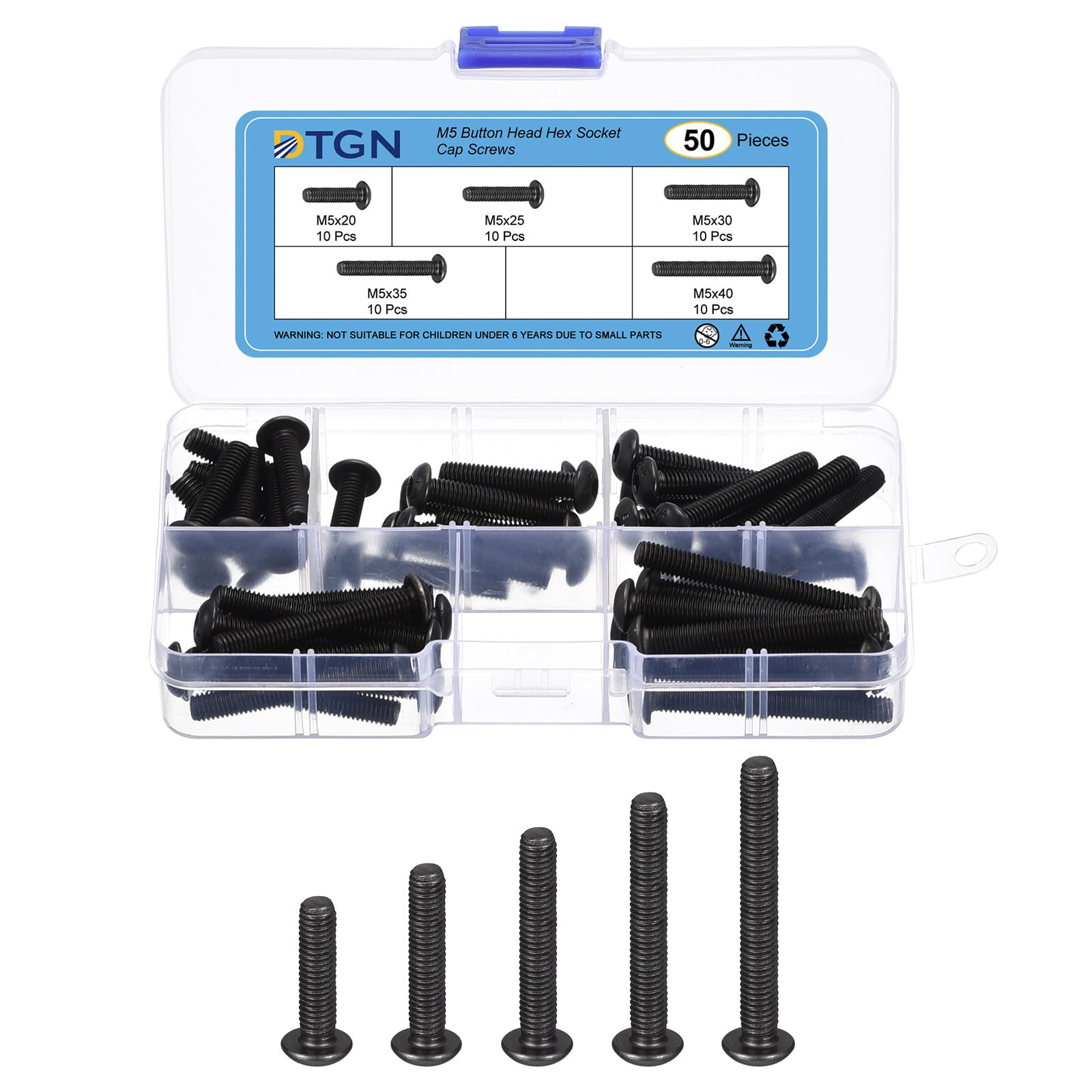 DTGN 50Pcs M5 Button Head Socket Cap Screws Kit - 20/25/30/35/40mm Carbon Steel Black Oxide Full Thread Hex Socket Cap Screw Assortment - Good for Machine, Furniture Repairing