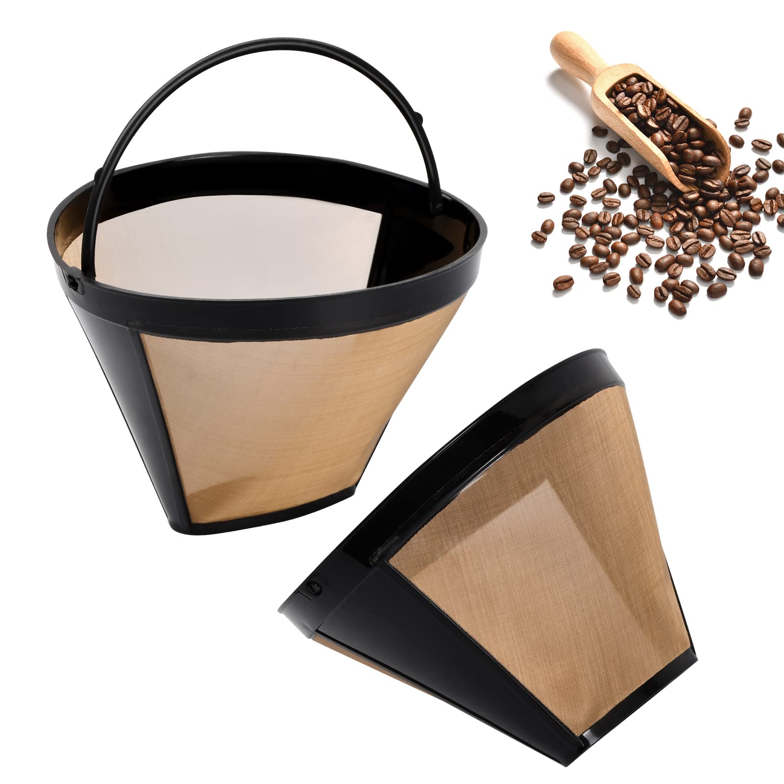 Zsanhua 2PCS Coffee Filter, Universal Permanent Coffee Filter Stainless Steel Washable and Reusable Coffee Mesh Basket Cup, Gold Tone Filter with Handle- Coffee Accessories