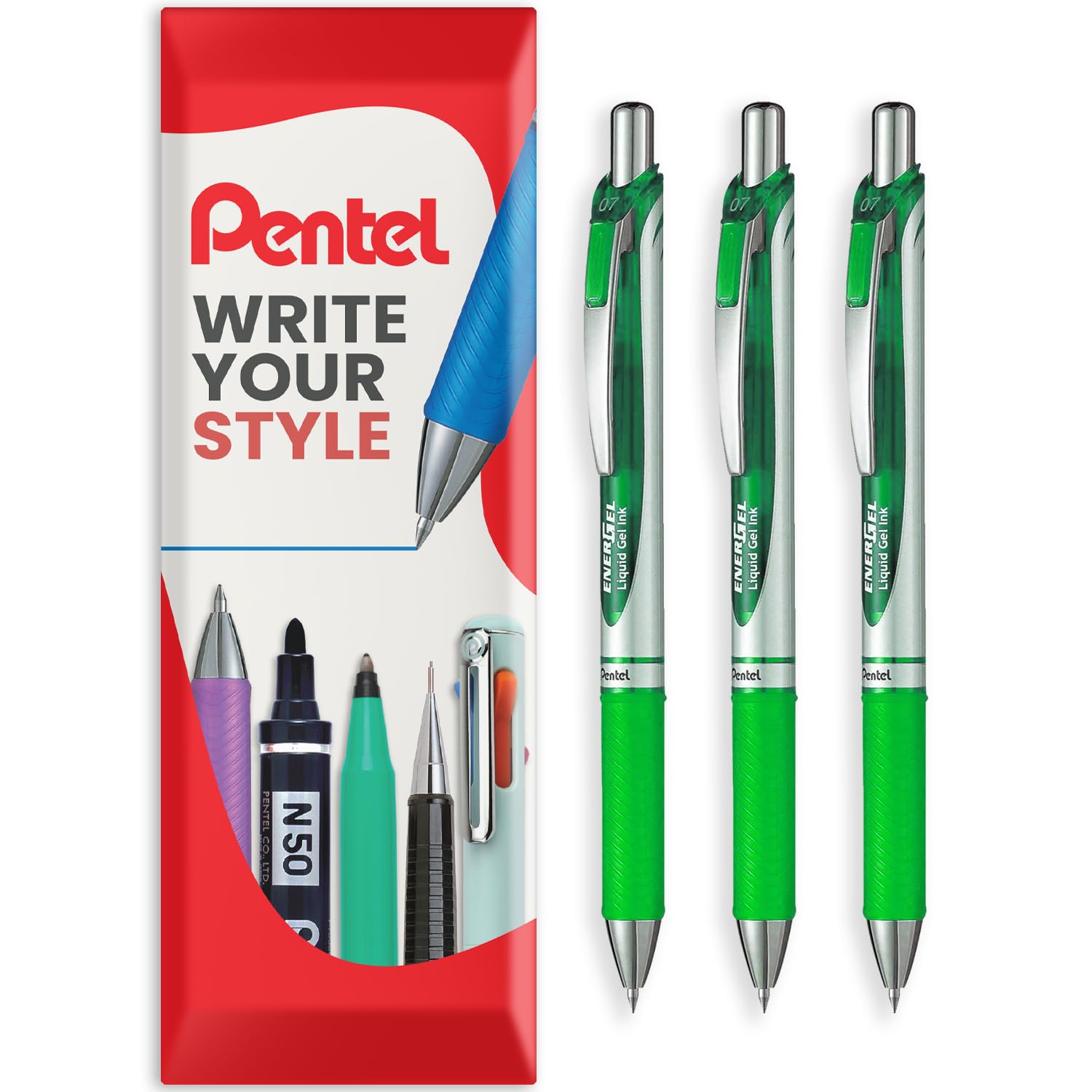Pentel EnerGel XM BL77 - Retractable Liquid Gel Ink Pen - 0.7mm - 54% Recycled - In Envelope Gift Packaging - Pack of 3 - Lime Green