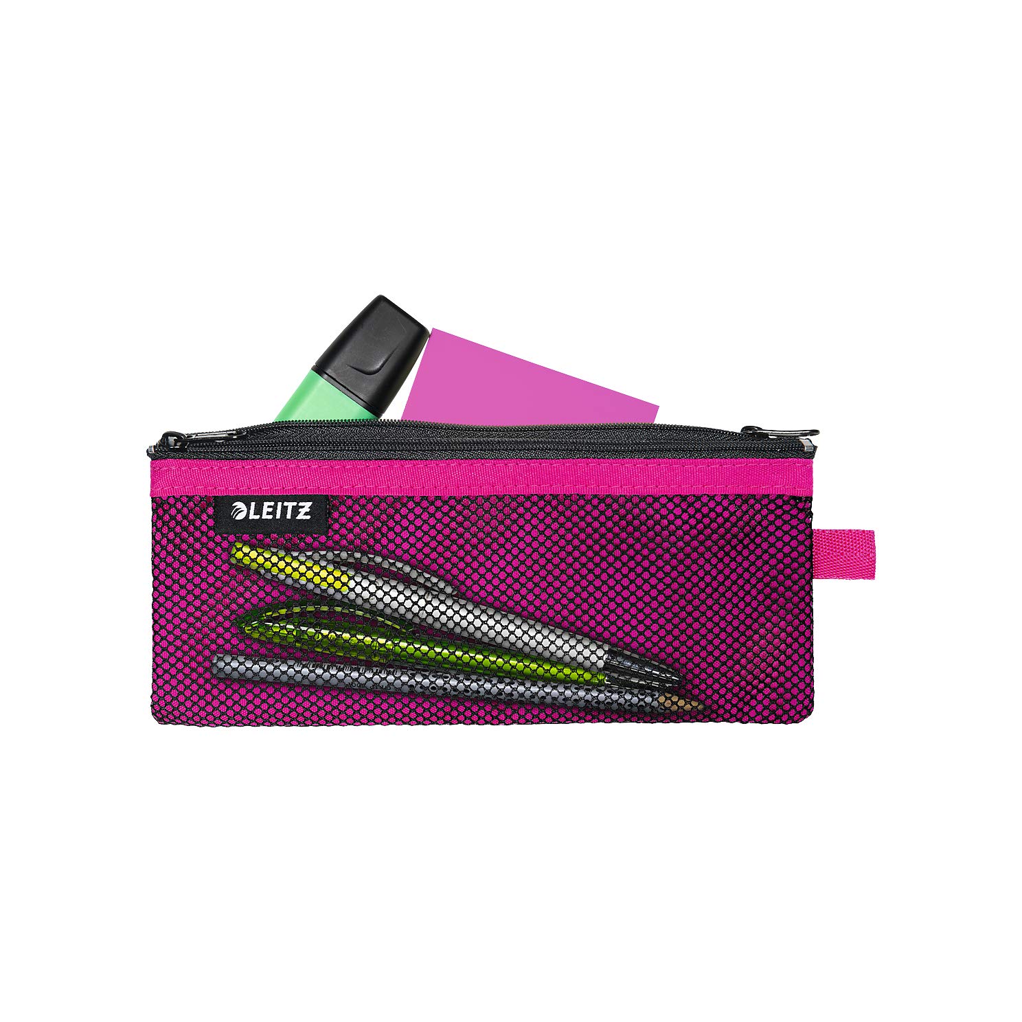 Leitz Wow 2-Pocket Pencil Case, Nylon Zip, Washable, Medium (21x8.5cm) - Pink