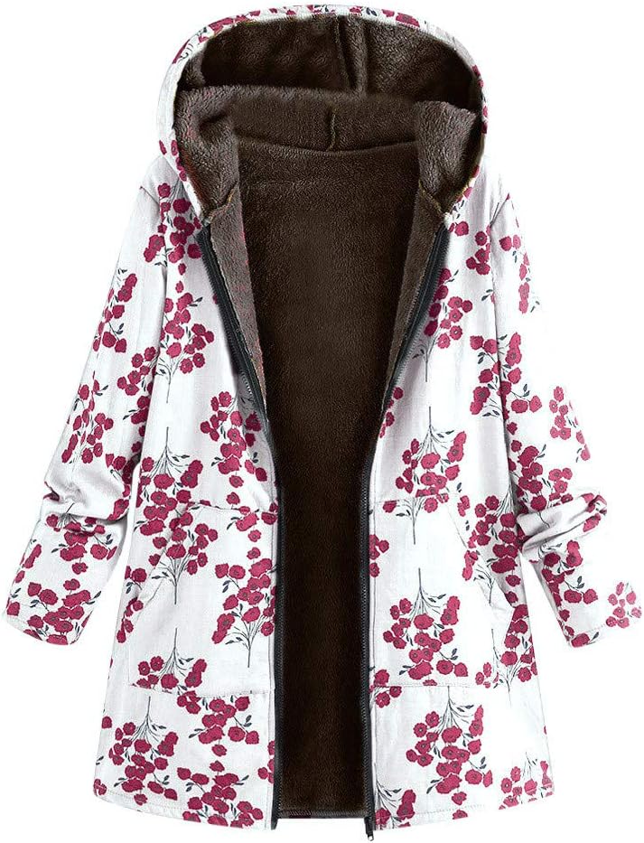 AgrinTol Womens Winter Warm Outwear Floral Print Hooded Pockets Vintage Oversize Coats