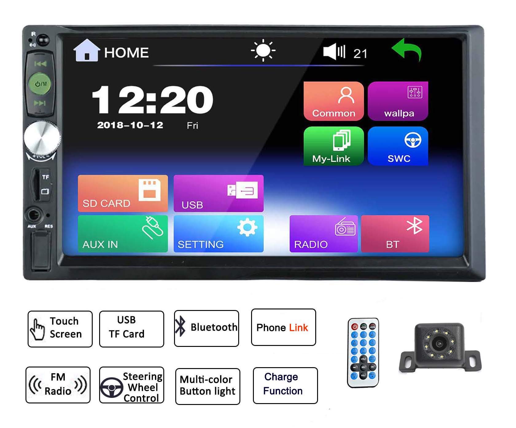 LEXXSON 2 Din Car Stereo Bluetooth 7inch Touch Screen Car Radio TF/USB/AUX/FM MP3 MP4 MP5 Media Player with Remot control/Rear Camera input/Phone Link for Android System