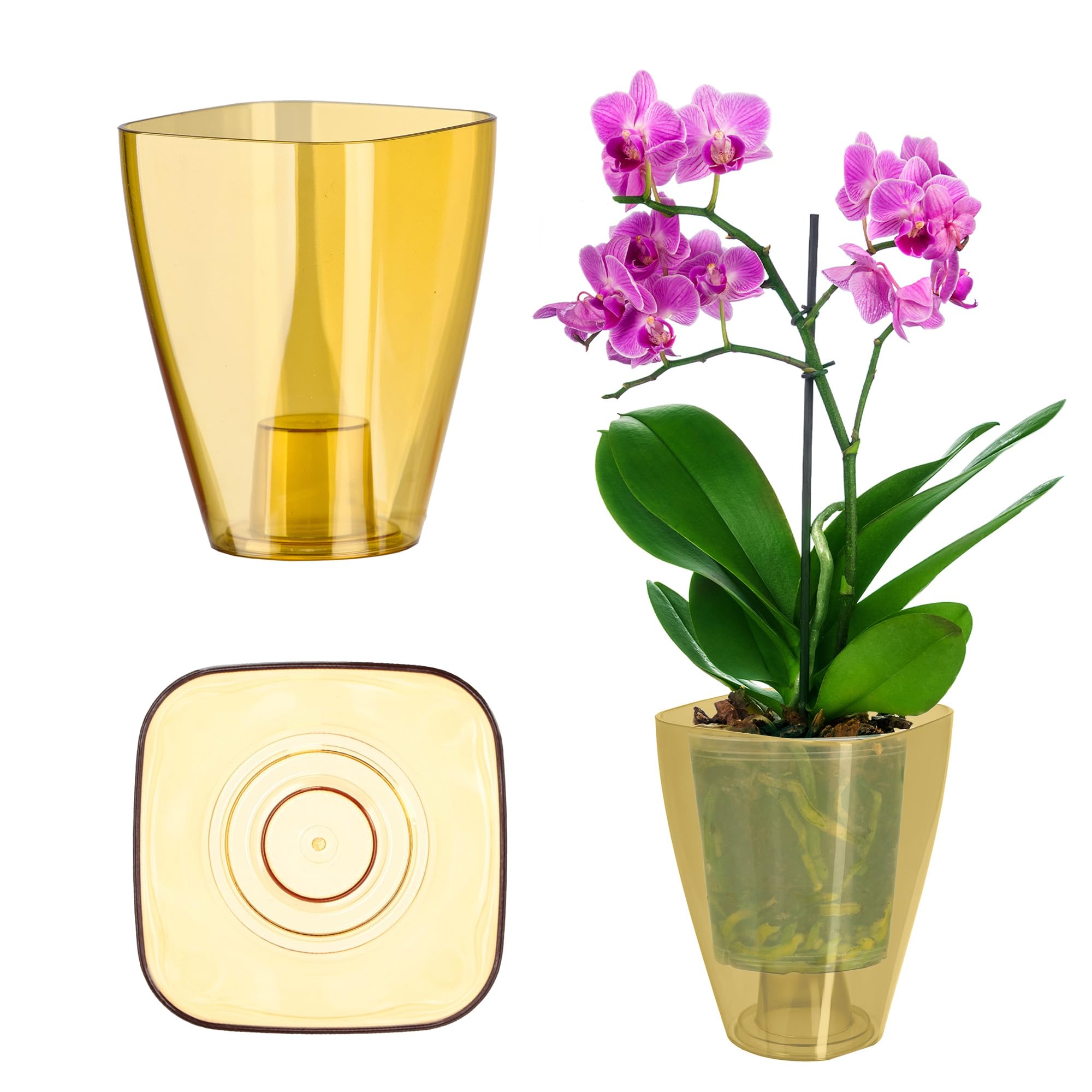 KADAX Orchid Pot, Plastic Flowerpot in Several Colours, Lightweight Plant Pot in Multiple Sizes, Elegant Pot for Living Room, Office and Bedroom (⌀12 cm, Square, Honey)