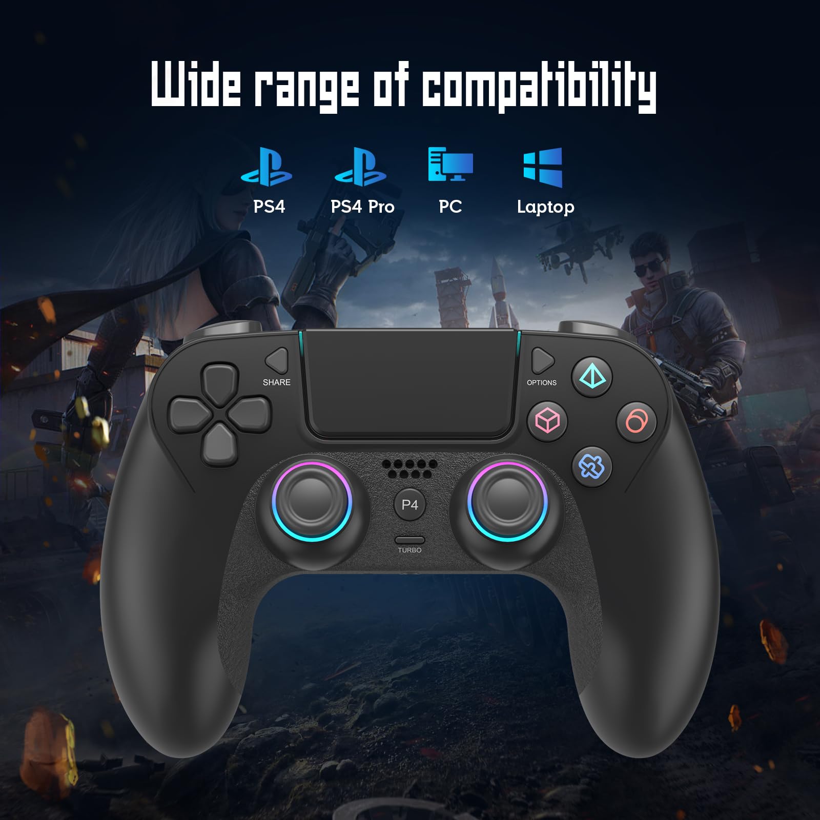 Wireless Controller for PS-4, Game Controller Compatible with PS-4/Pro/Slim/PC, Gamepad Joystick with Dual Vibration/6-Axis Gyro Sensor/Touchpanel/RGB-LED/EXT/Audio Jack, Precision and Control