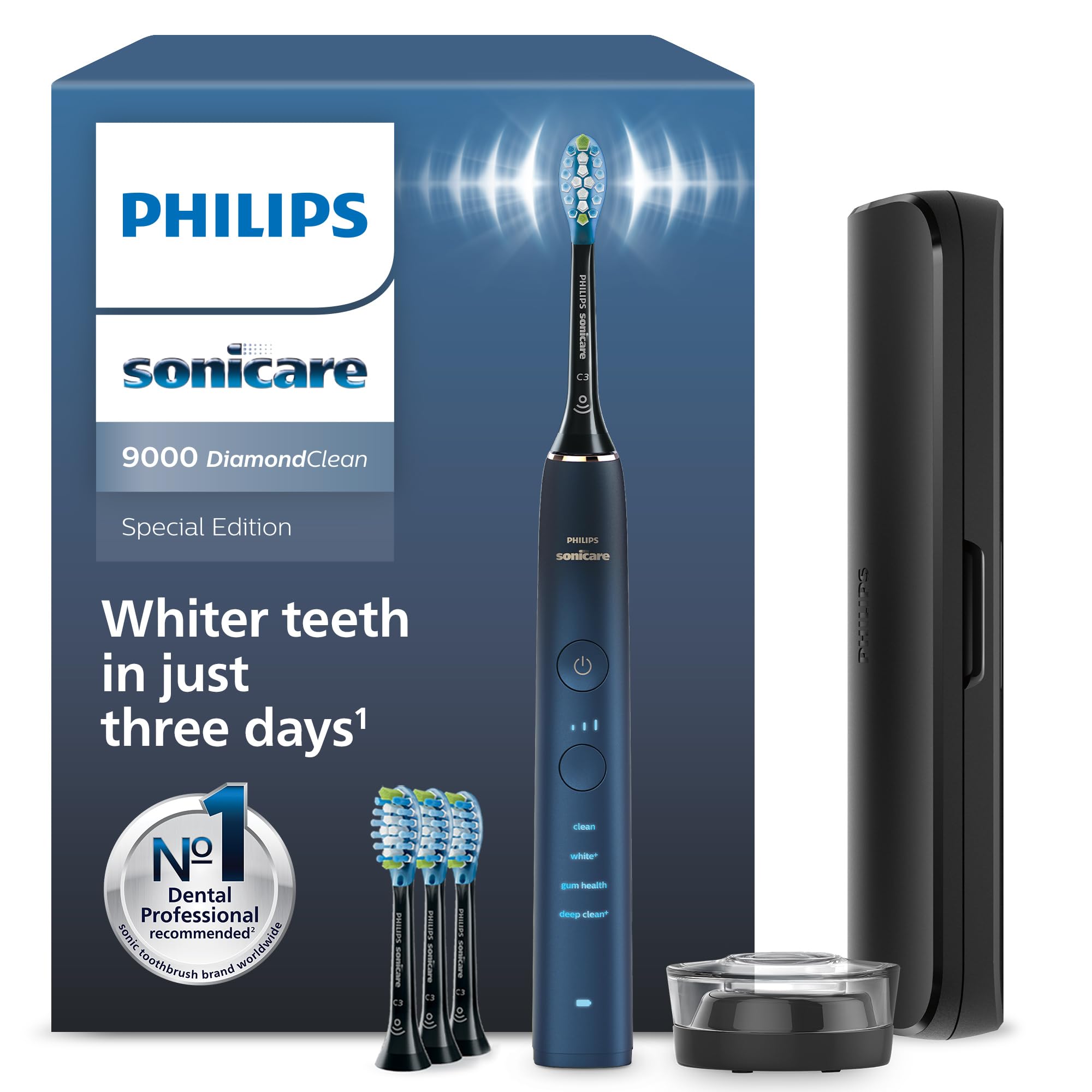 Philips Sonicare DiamondClean elektrische Zahnbürste der 9000er Serie – Schallzahnbürste, sauberere Zähne und Mundpflege mit 4x C3 Premium Plaque Defense-Bürstenköpfen, Aquamarine (Modell HX9911/89)