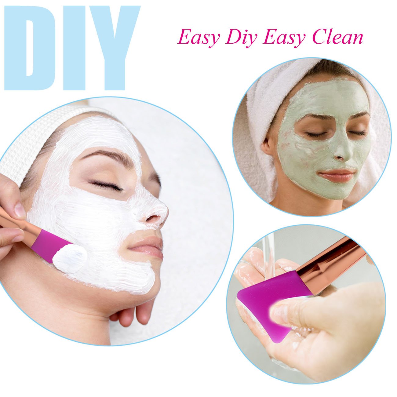 Keycute Facial Mask Brush For Home DIY Face Mud Mask Mixing Comestic Skin Care Silicone Brush applicator Set With Kitty Pink Headband 4 Pack