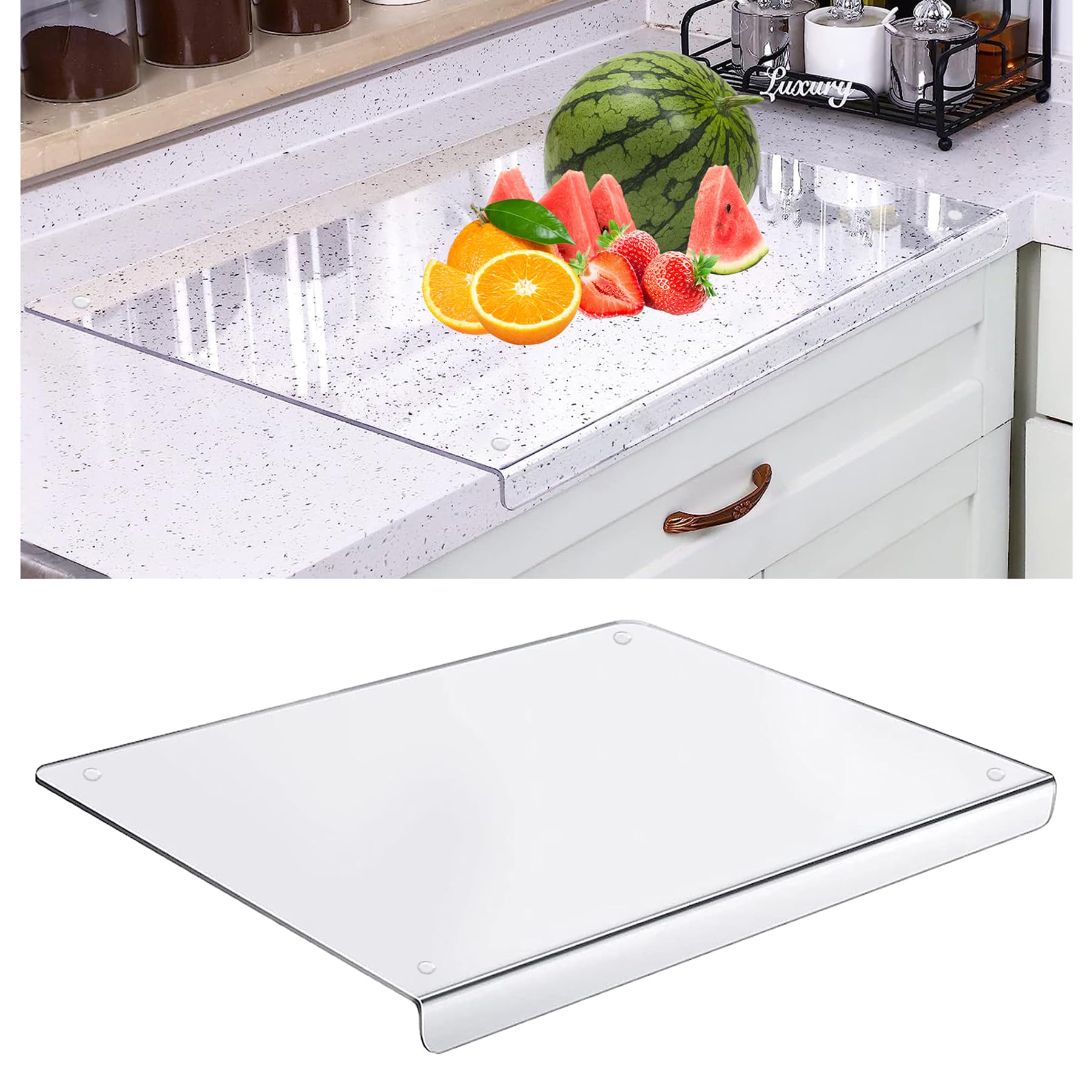 Acrylic Cutting Board, 5 mm Chopping Board With Stop Edge, 60 cm x 45 cm, Clear for Kitchen Counter, Non-Slip Transparent With Lip