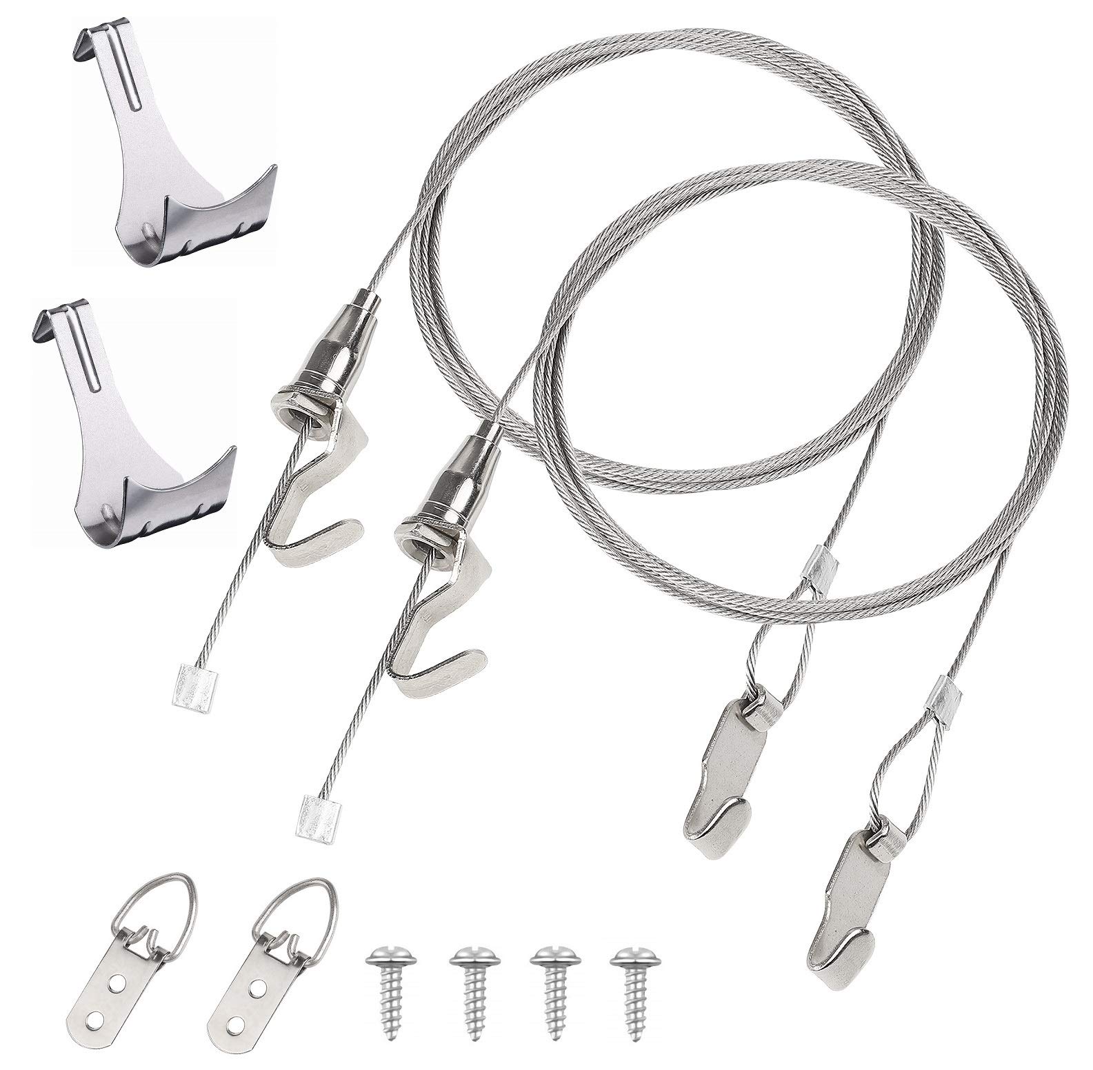 Hyber&Cara Picture & Mirror Hanging Wire Kit - 2m × Φ2mm Stainless Steel Wire with 1 Adjustable Hook + D-Ring Frame Hangers + Picture Rail Moulding Hooks