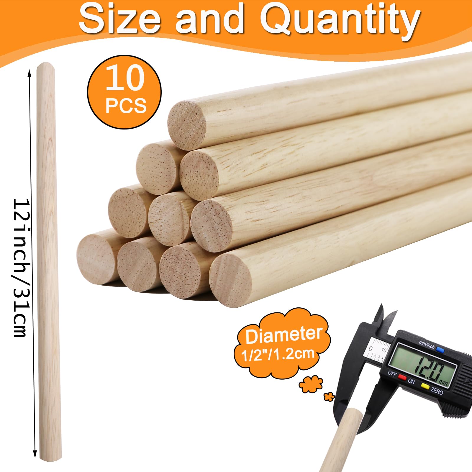 10PCS Dowel Rods Wood Dowels, 1/2 x 12 Inch Round Wooden Sticks for Craft, Macrame Dowel, Unfinished Solid Wood Sticks for Arts and DIYers