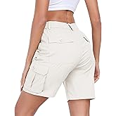 MoFiz Women's Cargo Shorts Bermuda Shorts Button Pockets Elastic Waist Knee Length Long Hiking Casual Shorts for Summer