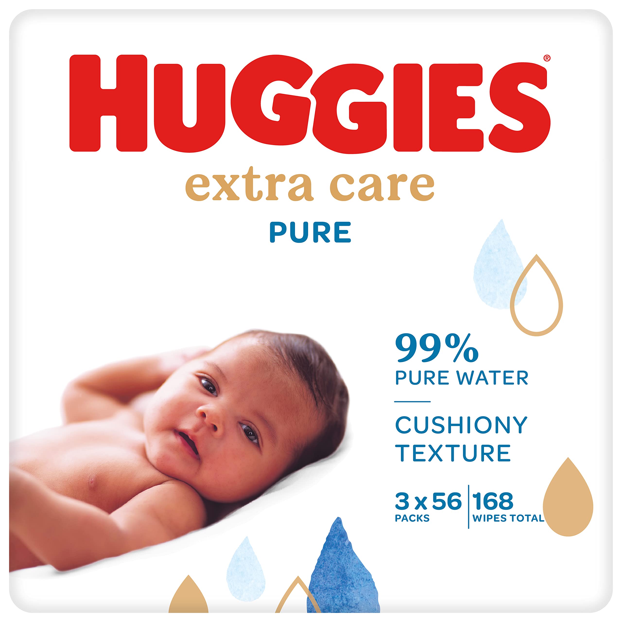Huggies Pure Extra Care, Baby Wipes - 3 Packs (168 Wipes Total) - 99 Percent Pure Water Wet Wipes - Fragrance Free to Clean and Protect Sensitive Skin