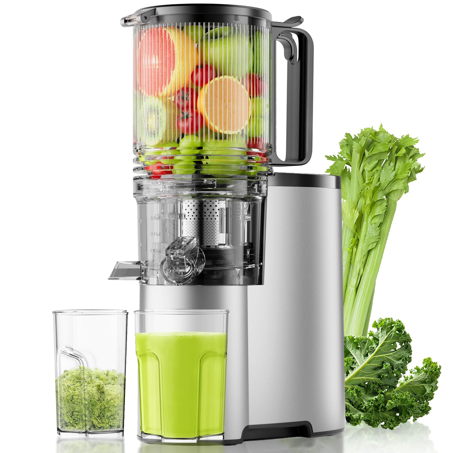 Photo 1 of Cold Press Juicer, 5.3" Wide Feed Chute Juice Extractor Machine with 400W, High Juice Yield, Slow Masticating Juicer for Whole Vegetables & Fruits, Metallic Silver