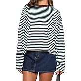 Women Oversized Striped Long Sleeve Shirt Y2k Crewneck Drop Shoulder Cropped Tees Teen Girls Baggy Sweatshirt