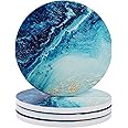 Coasters for Drinks Set of 4, Blue Ocean Wave Absorbent Stone Coaster Set, Ceramic Cup Holder Drink Coasters with Cork Base for Coffee Mug Place Mats Drink Coasters Decorative (Blue Ocean)