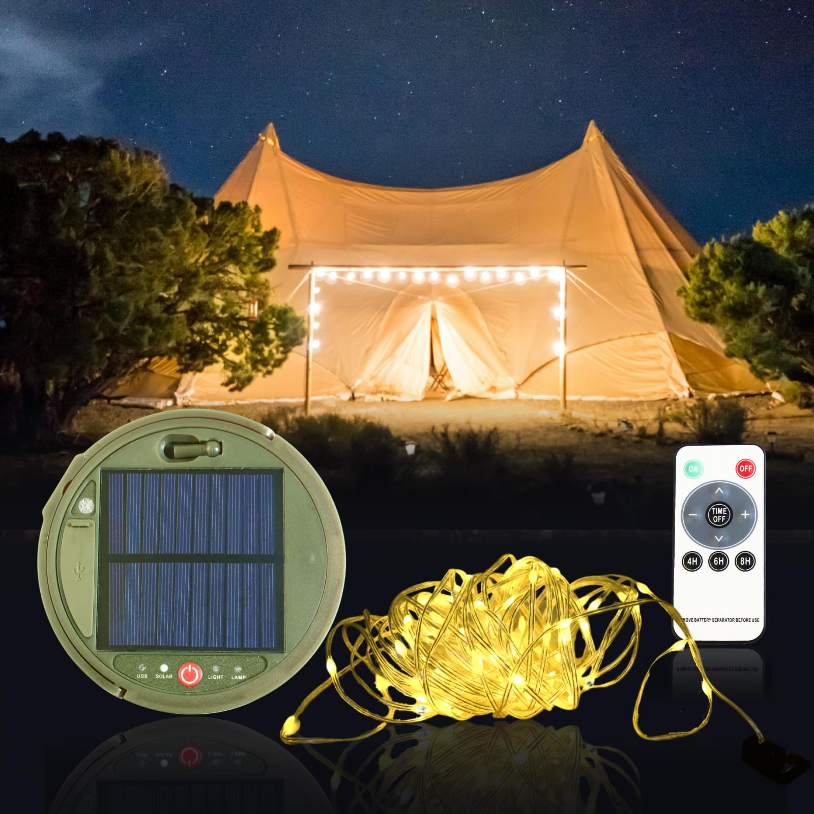 Photo 1 of 2 in 1 Solar Camping String Lights, 39.4Ft Ultra Long String with 150LEDsPortable,Waterproof Camping Light for Hiking, Camping Decorations,USB Rechargeable Light with Remote Control