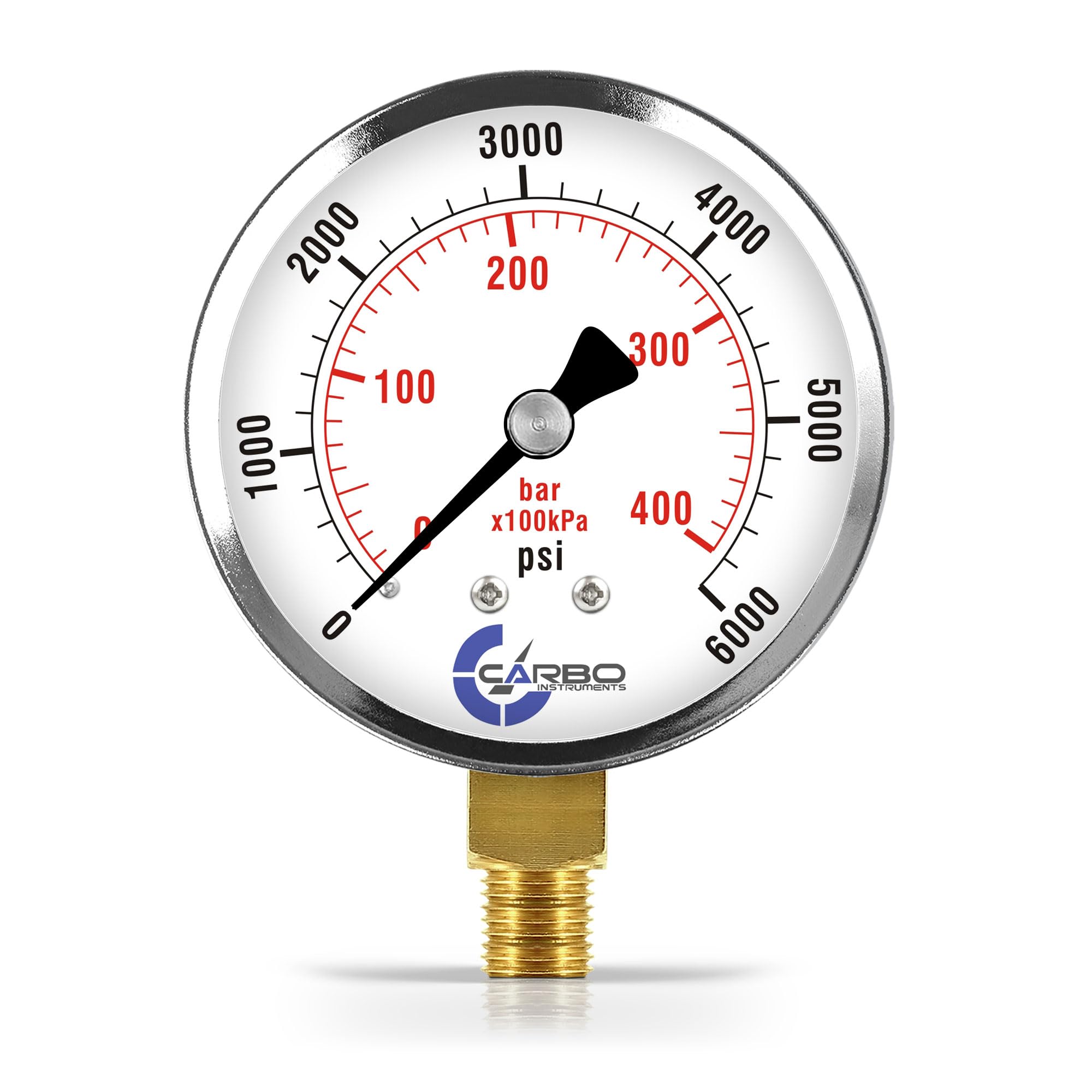 CARBO Instruments 2-1/2" Pressure Gauge, Chrome Plated Steel Case, Dry, 0-6000 psi/kPa, Lower Mount 1/4" NPT