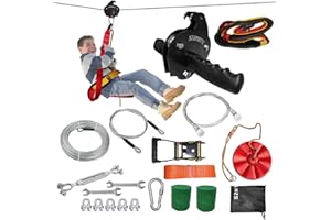 SZHTMZXC Zipline Kits for Backyard, 90FT Zip Line Kit for Kids and Adults Up to 350Lbs, Outdoor Playground Equipment (90FT Ratchet)