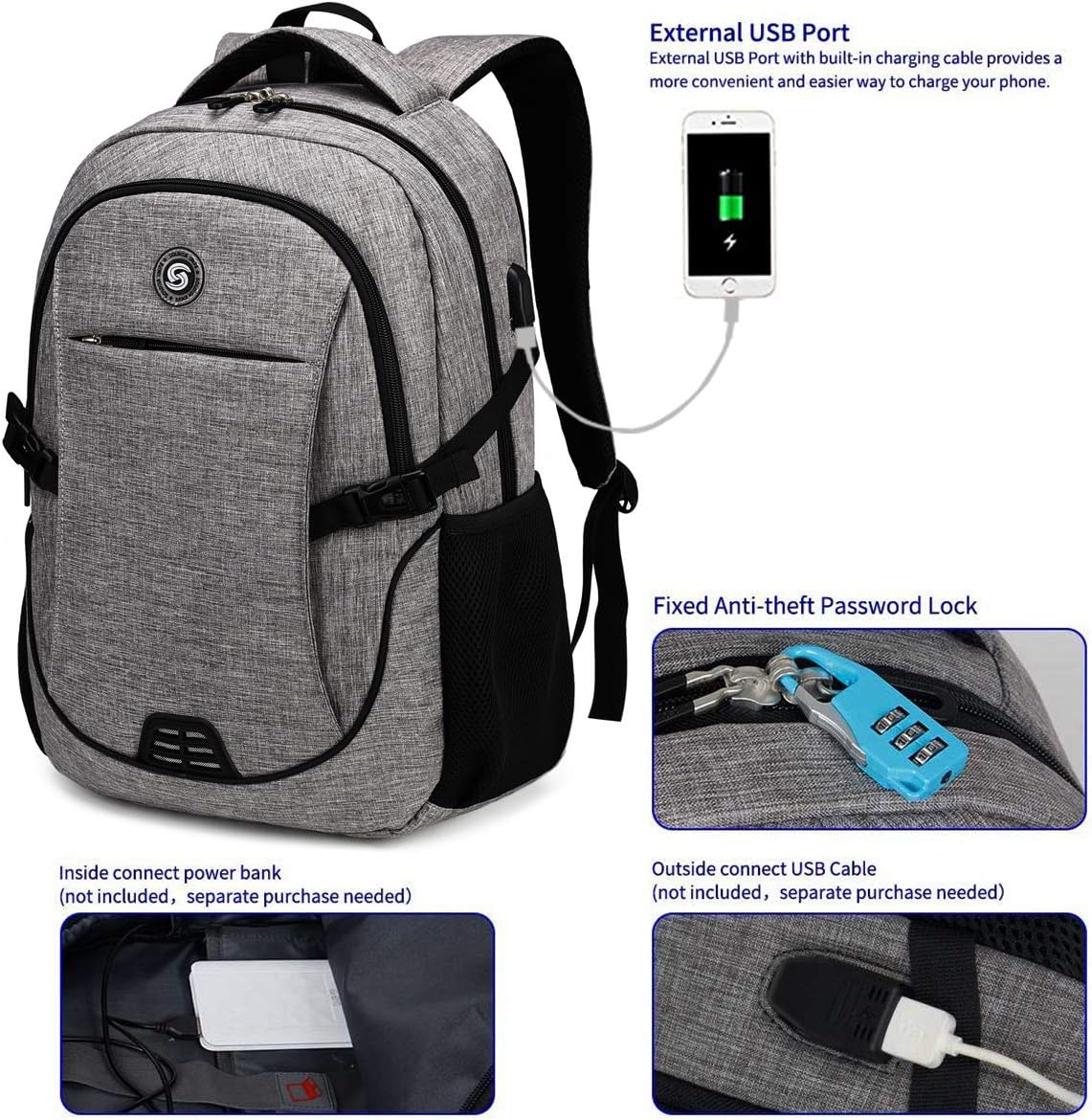 SHRRADOO Anti Theft Laptop Backpack Travel Backpacks Bookbag with usb Charging Port for Women & Men School College Students Backpack Fits 15.6 Inch Laptop Grey: Computers & Accessories