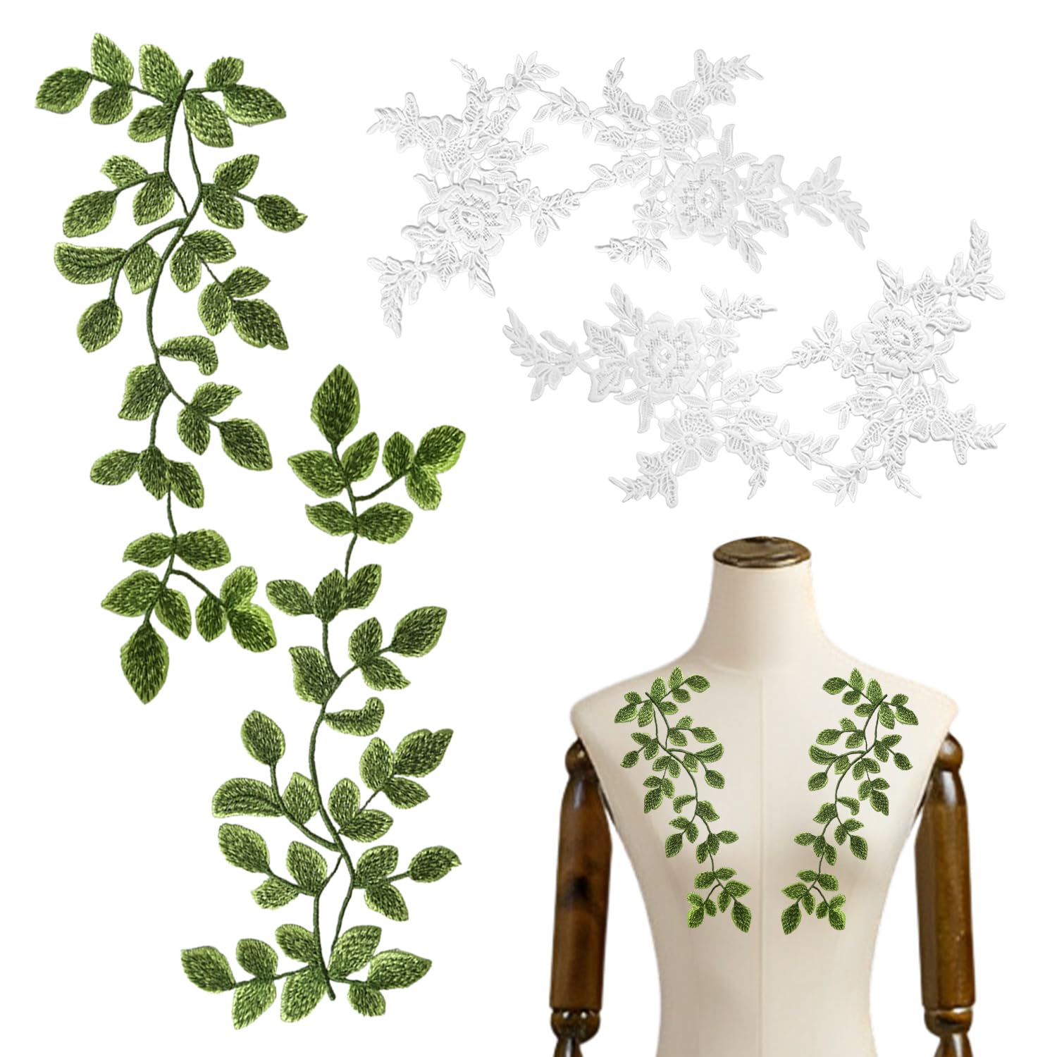 WUFGWBD 2 Pairs Embroidered Lace, Milk Silk Fabric, Green, White, Floral, Wedding Occasion, Perfect for Dress Embellishments & DIY Crafts