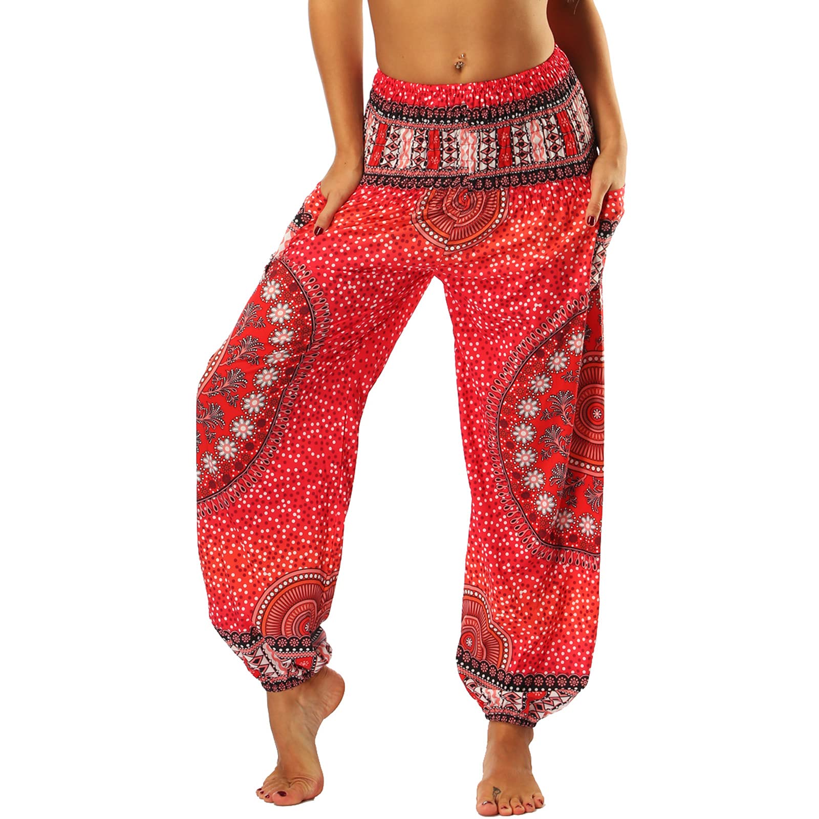 Nuofengkudu Baggy Trousers for Women Hippie Patterned Harem UK Boho Vintage Elasticated High Waist Soft Relaxed Capri Yoga Pants Walking Summer Beach Holiday,Red Flower