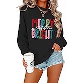 Christmas Sweatshirts for Women: Oversized Merry and Bright Sweatshirt Christmas Sweaters Holiday Chenille Patch Tops