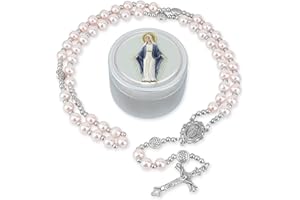 SUTANALE 8mm Glass Pearl Rosary Necklace for Women - Catholic Prayer Beads with Gift Box, Handmade Religious Jewelry for Baptism, First Communion